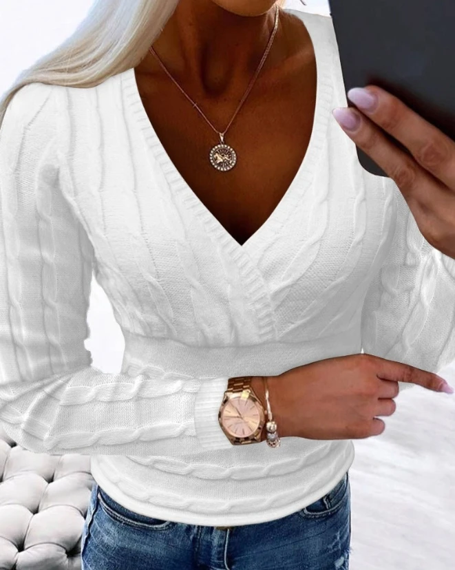 V-Neck Long Sleeved Wired Knitted Sweater, New Hot Selling Fashion Casual Annual Temperament Commuting Slimming Pullover