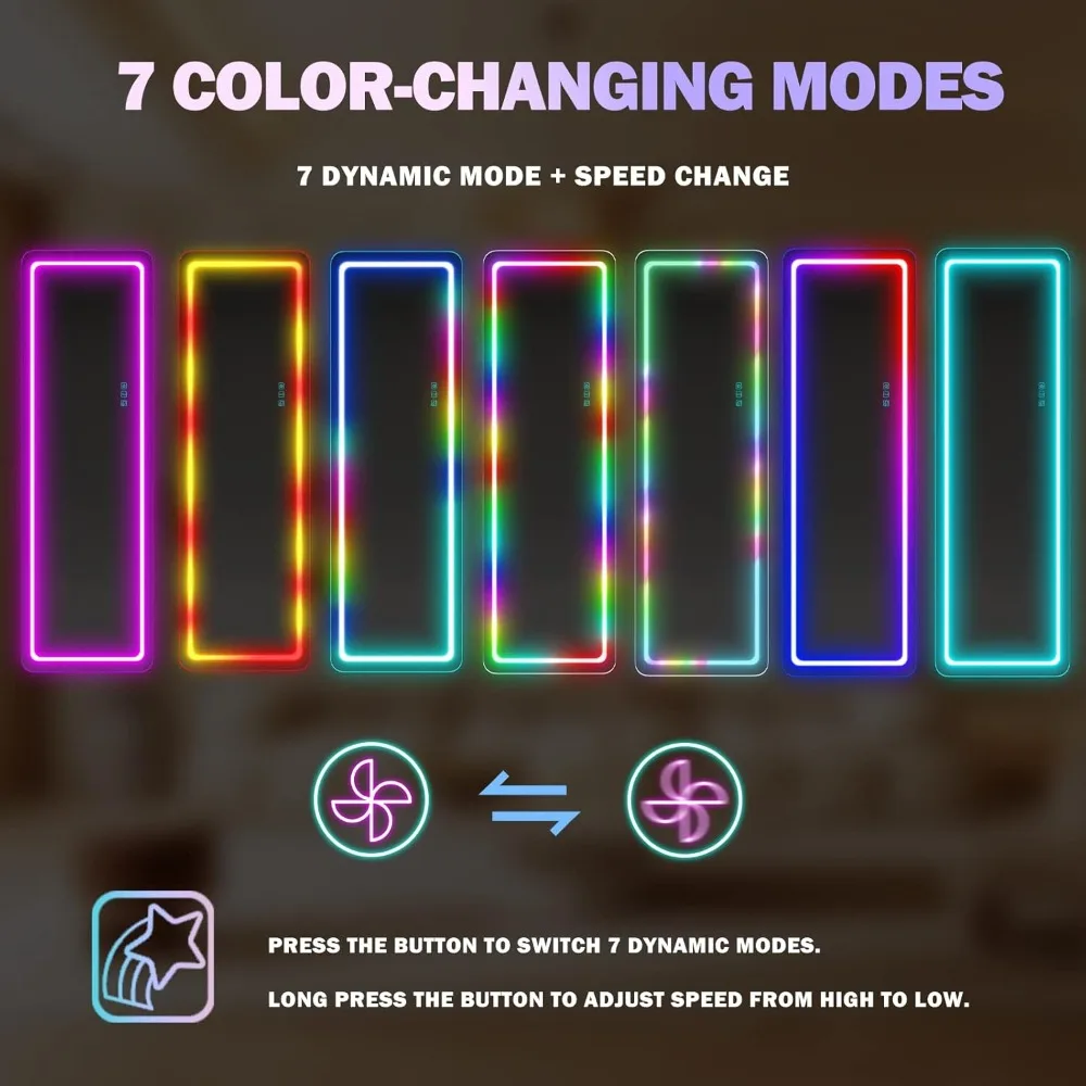 مرآة كاملة الجسم بإضاءة LED، مرآة قائمة مقاس 63 بوصة × 20 بوصة، أضواء يعتم كاملة الطول، مرآة الجسم كاملة الحجم، مرآة مضاءة بإضاءة RGB