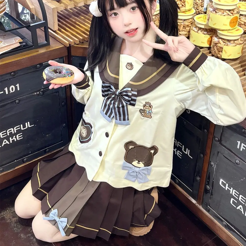 Japan Cute Bear JK Uniform Korea Long Short Sleeved Sailor Suit Girl White Brown Pleated Skirt Suit Anime Cosplay Costumes