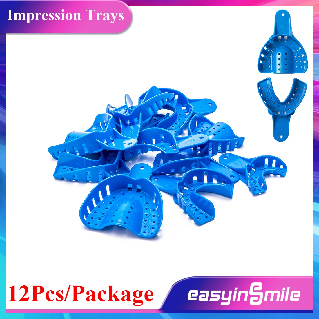 EASYINSMILE Dental S/M/L/XL Perforated Plastic Impression Trays Upper/Lower 12Pc Autoclavable