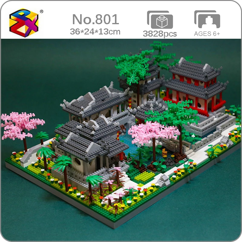 LJ 801 Ancient Architecture Yard Garden Pavilion Temple Lake Tree 3D Mini Diamond Blocks Bricks Building Toy for Children No Box