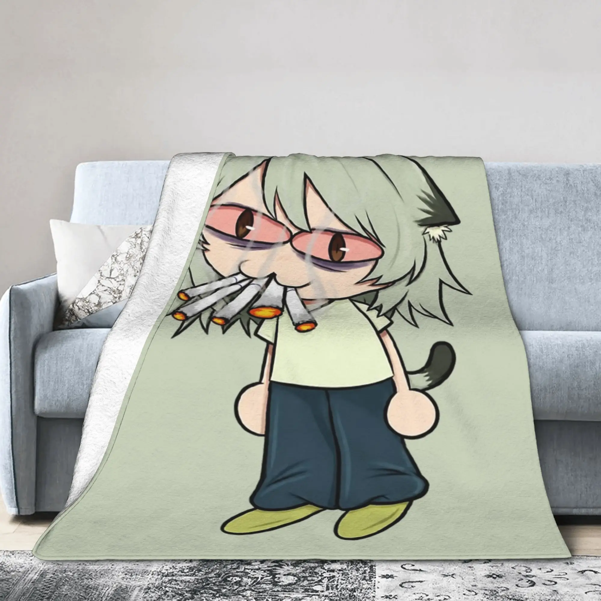 Chainsmoker Cat Yani Neko Anime Blanket Velvet Print  Multi-function Warm Throw Blankets for Home Outdoor Plush Thin Quilt