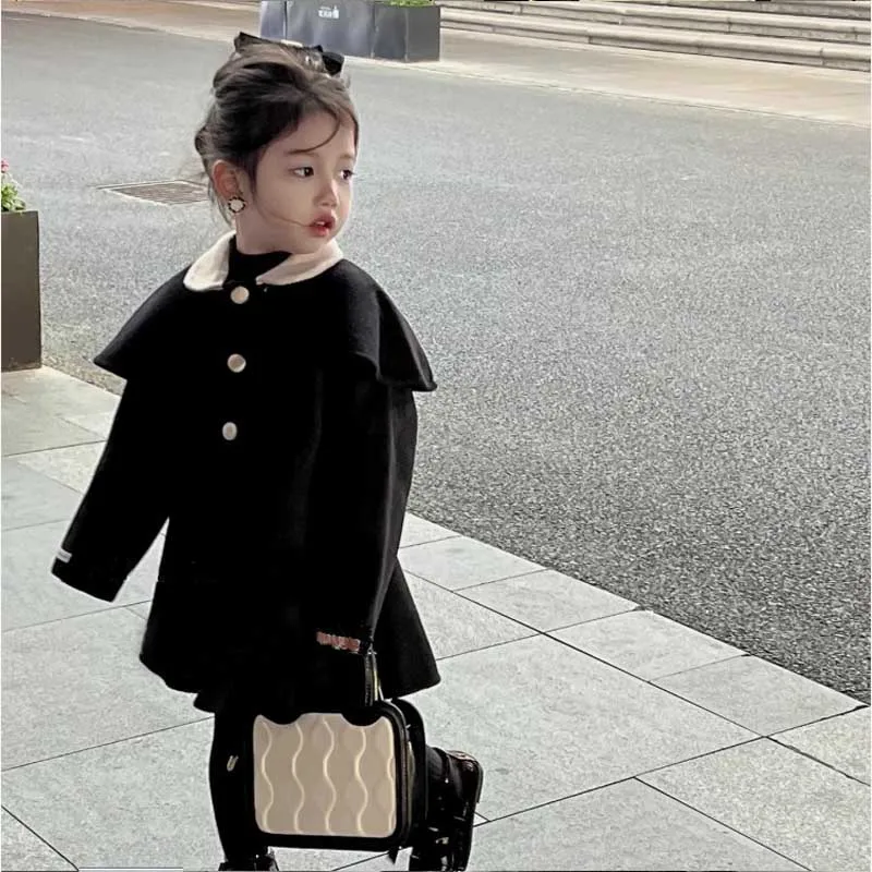 Girls\' Winter Coat New Korean Style Temperament Shawl Collar Woolen Jacket Medium Long Cardigan Children\'s Outward Clothing
