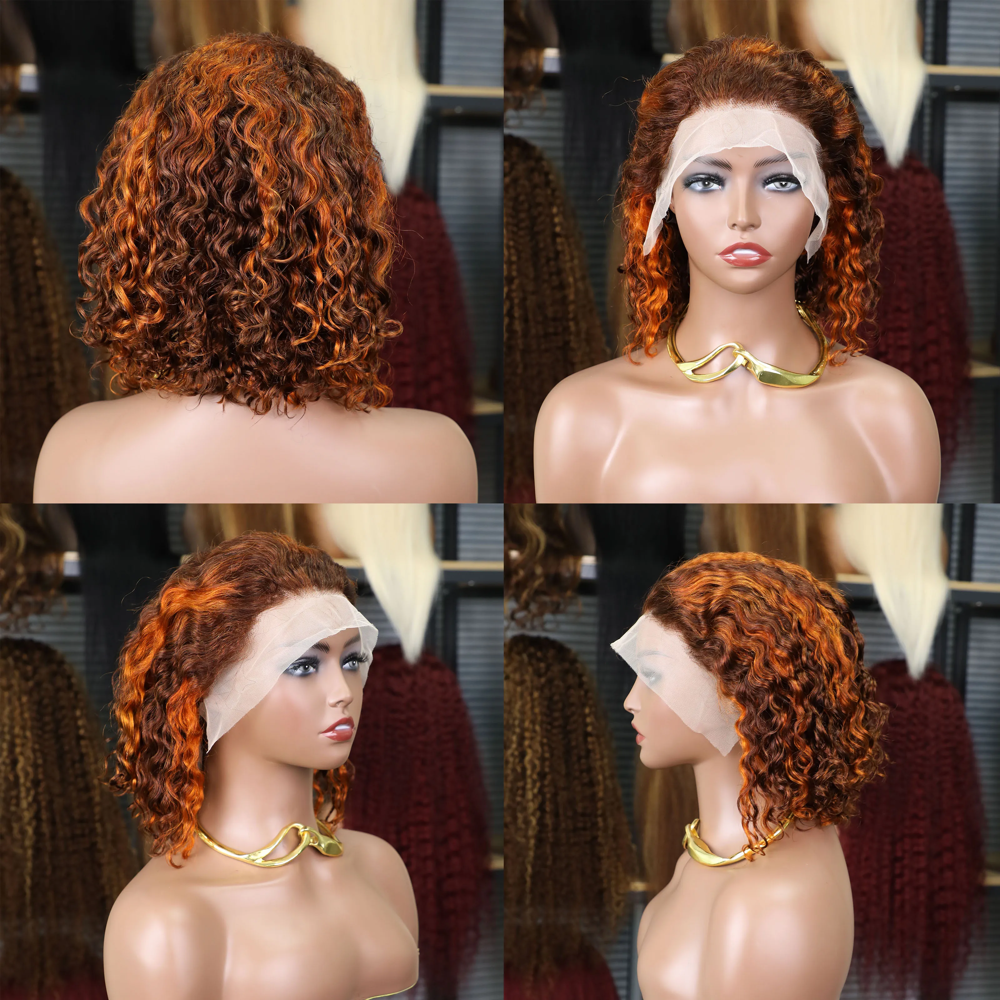 Brown Ginger Piano Colored 13x4 Lace Frontal Human Hair Curly Wigs For Women Water Wave 4/350 Highlight Short Bob Wig Human Hair