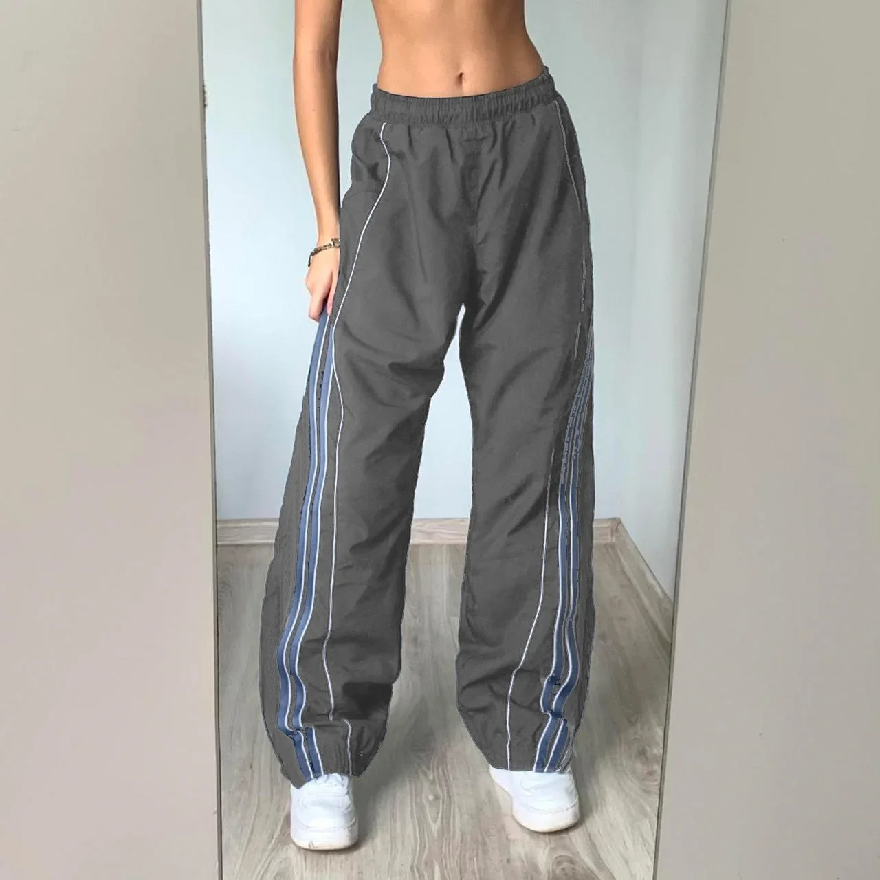 Europe and the United States fashion new winter women's high waist thin loose casual color striped design woven pants