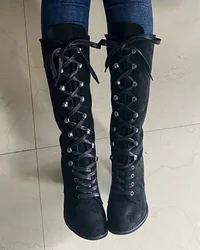 Women Fashion Casual Autumn Winter Solid Color Low Heel Round Toe Women's Shoes Lace-up Chunky Heel Boots