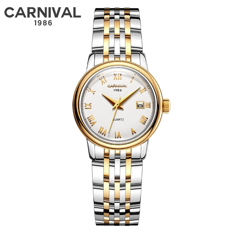 CARNIVAL Brand 2024 Luxury Quartz Watch for Women Stainless Steel Waterproof Calendar Fashion Womens Watches Relogio Feminino