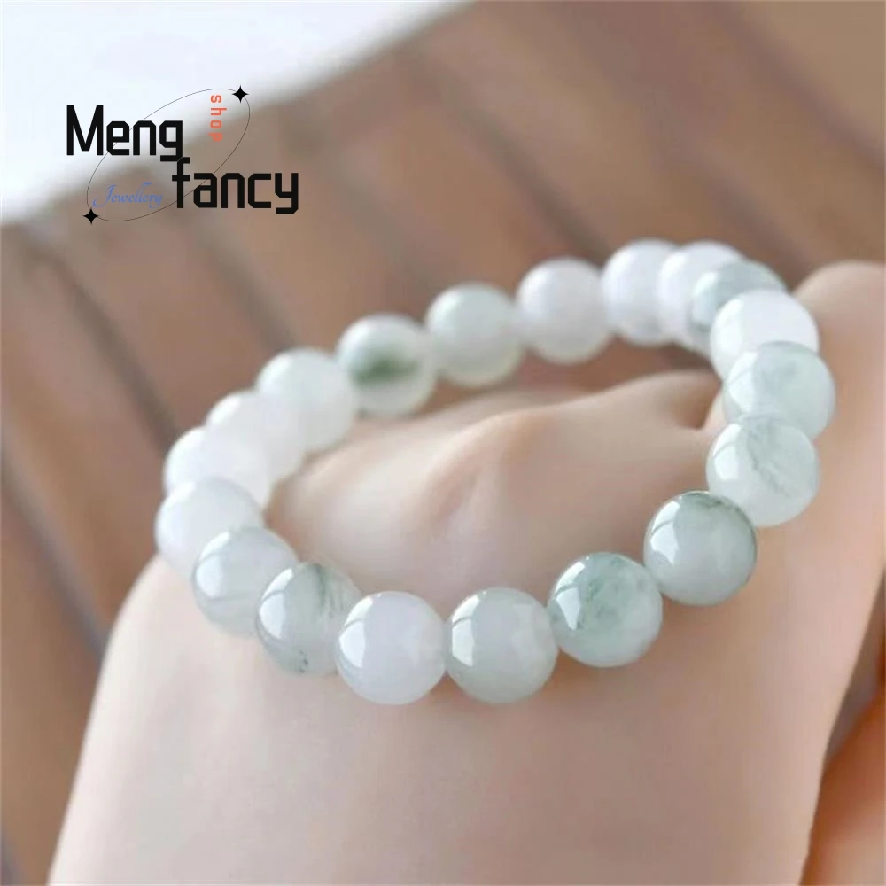 Natural Tianshan Cui Golden Silk Jade Round Beads Floating Flowers Bracelet Exquisite Simple Best Selling Couple Fashion Jewelry