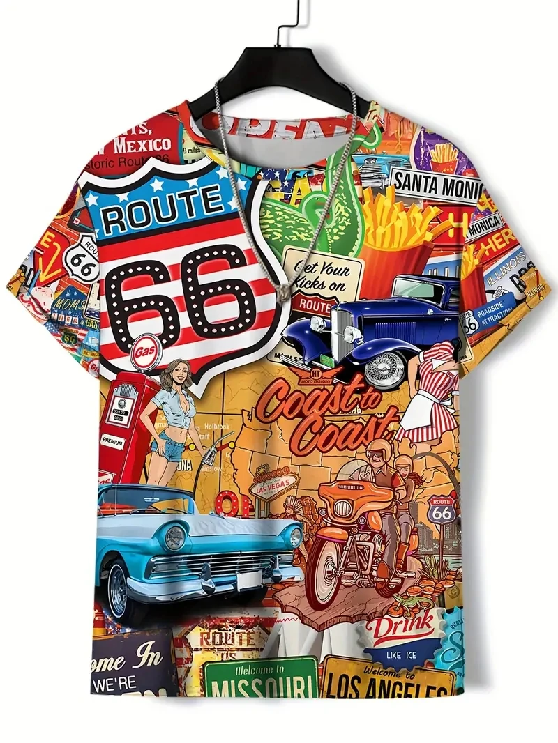 

Men's Plus Size 3DRoute 66 Classic Car and American Style Pattern Printed Short Sleeved T-shirt, Loose and Casual, Outdoor Sport