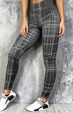 Women Retro Grey Plaid Print Fleece Lined Leggings Mid Waist High Stretch Casual Workout Pants