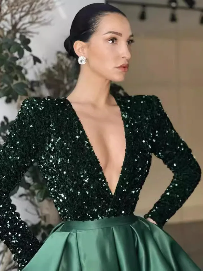 光沢のあるビーズ刺繍入り長袖シングルショルダーvネックレディースドレス、エレガントなフロア丈ミッドウエストのボールガウン、宴会用