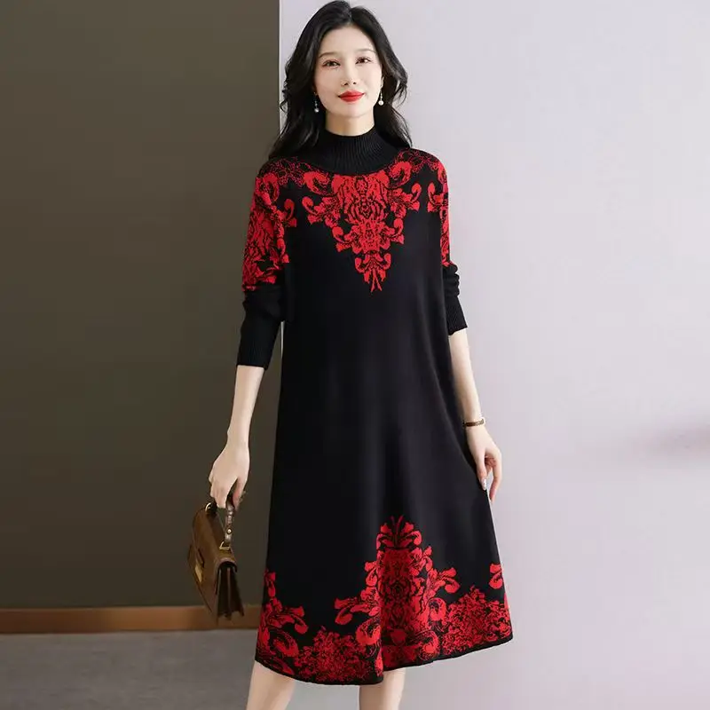 여성을 위한 한국 패션 프린트 니트 풀오버 가을 겨울 캐시미어 두꺼운 따뜻한 스웨터 드레스 2025 우아한 루즈 프로무 드레스