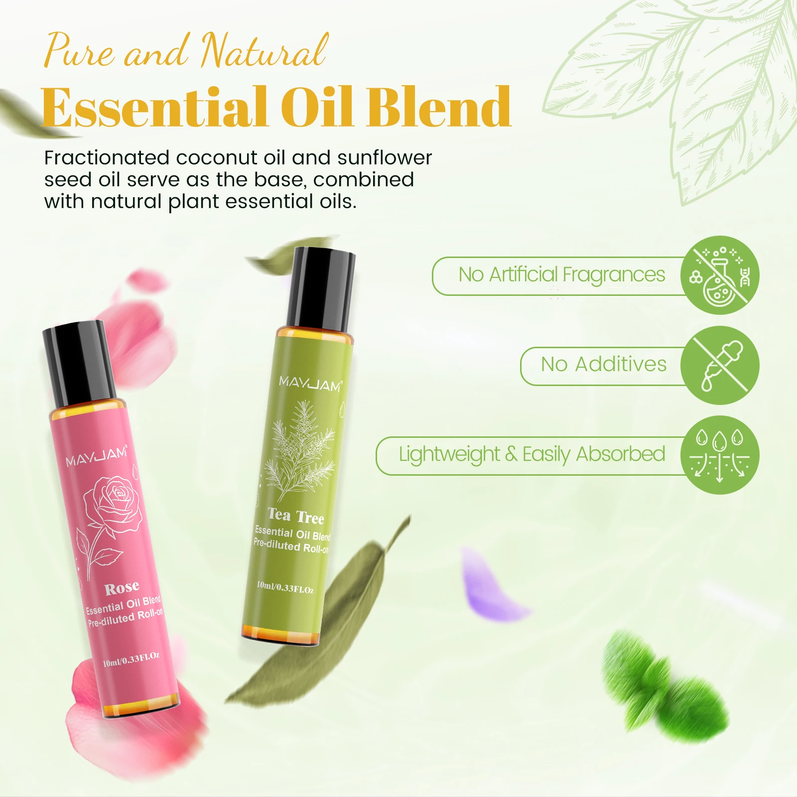 MAYJAM Essential Oils Set,6 x 10ml Roll on Blends Oil Lavender Rose Lemongrass Fractionated Coconut Sunflower Seed Carrier Oil