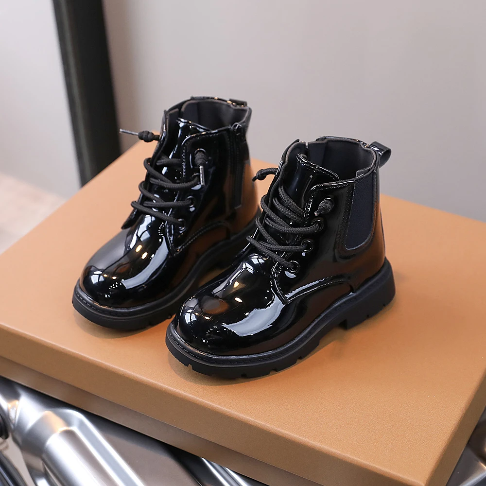 COMFY KIDS Toddler Black Patent Leather Chelsea Side Zipper Ankle Boots Soft Non Slip Rubber Sole Kids Leather Shoes