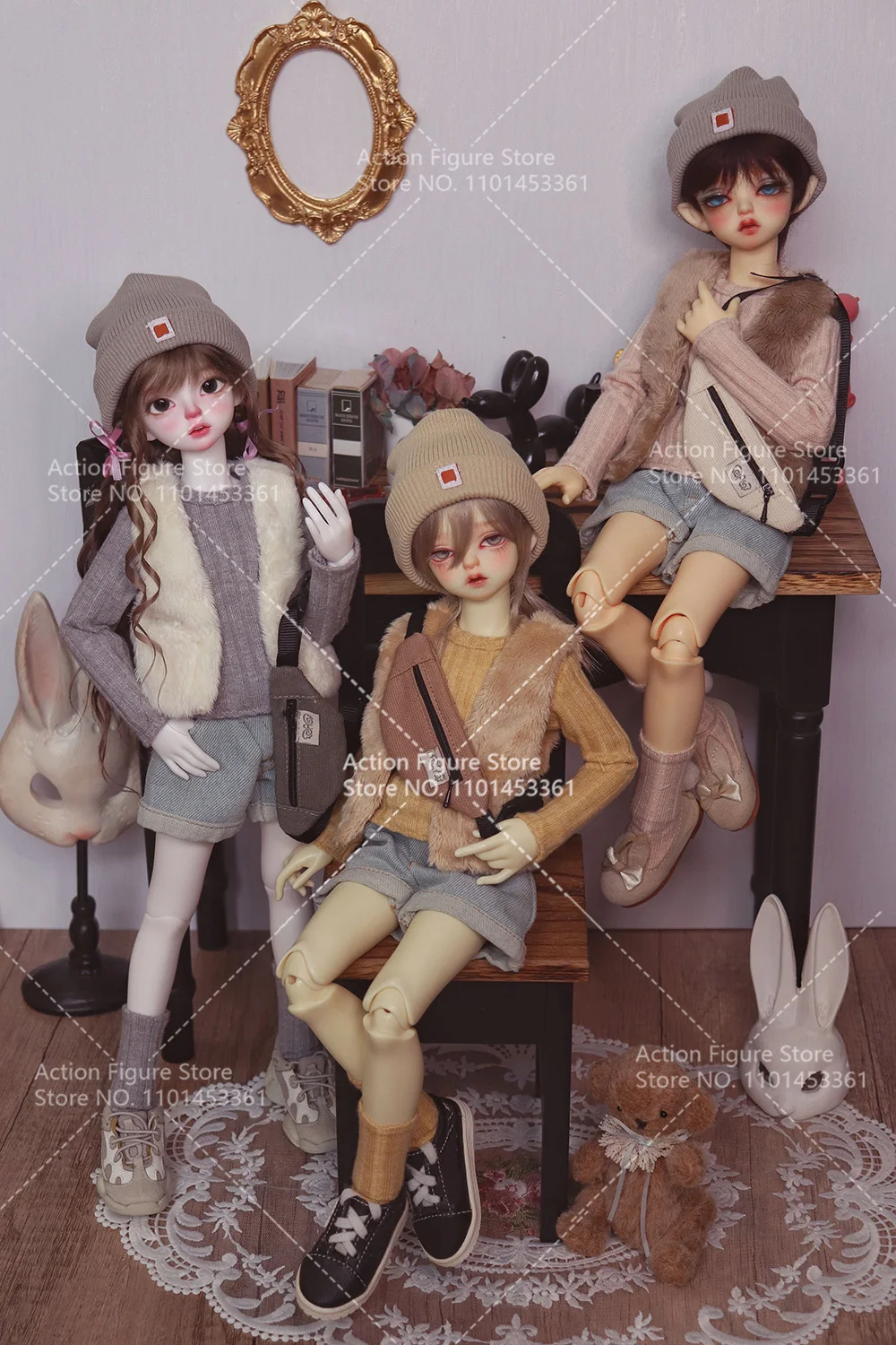 [High Quality] 1/4 Girl Casual Fur Vest Long Sleeves Knitted Sweater Denim Shorts Cold Hat and Bag for BJD Action Figure SD Body