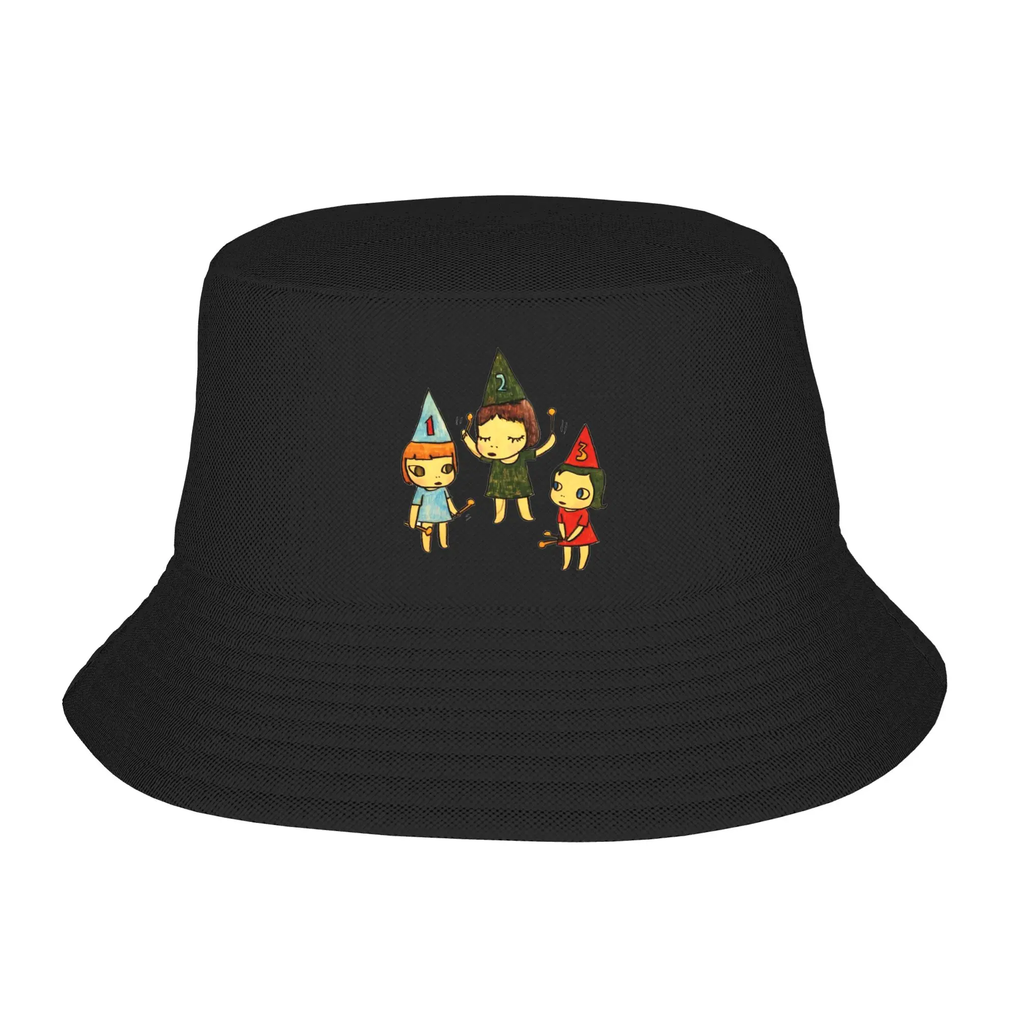 Yoshitomo Nara Three Little Girl Bucket Hat  Streetwear Fisherman Caps For Couple Hunting Sun Hats Foldable Custom DIY Cap