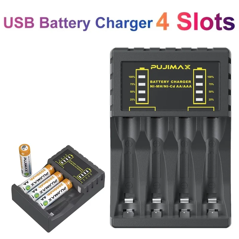 USB-Ladestation mit 4 Steckplätzen, klare Anzeige des Batteriestatus, Nr. 5, Nr. 7, Batterieladegerät für wiederaufladbare Ni-MH-Ni-Cd-Zellen