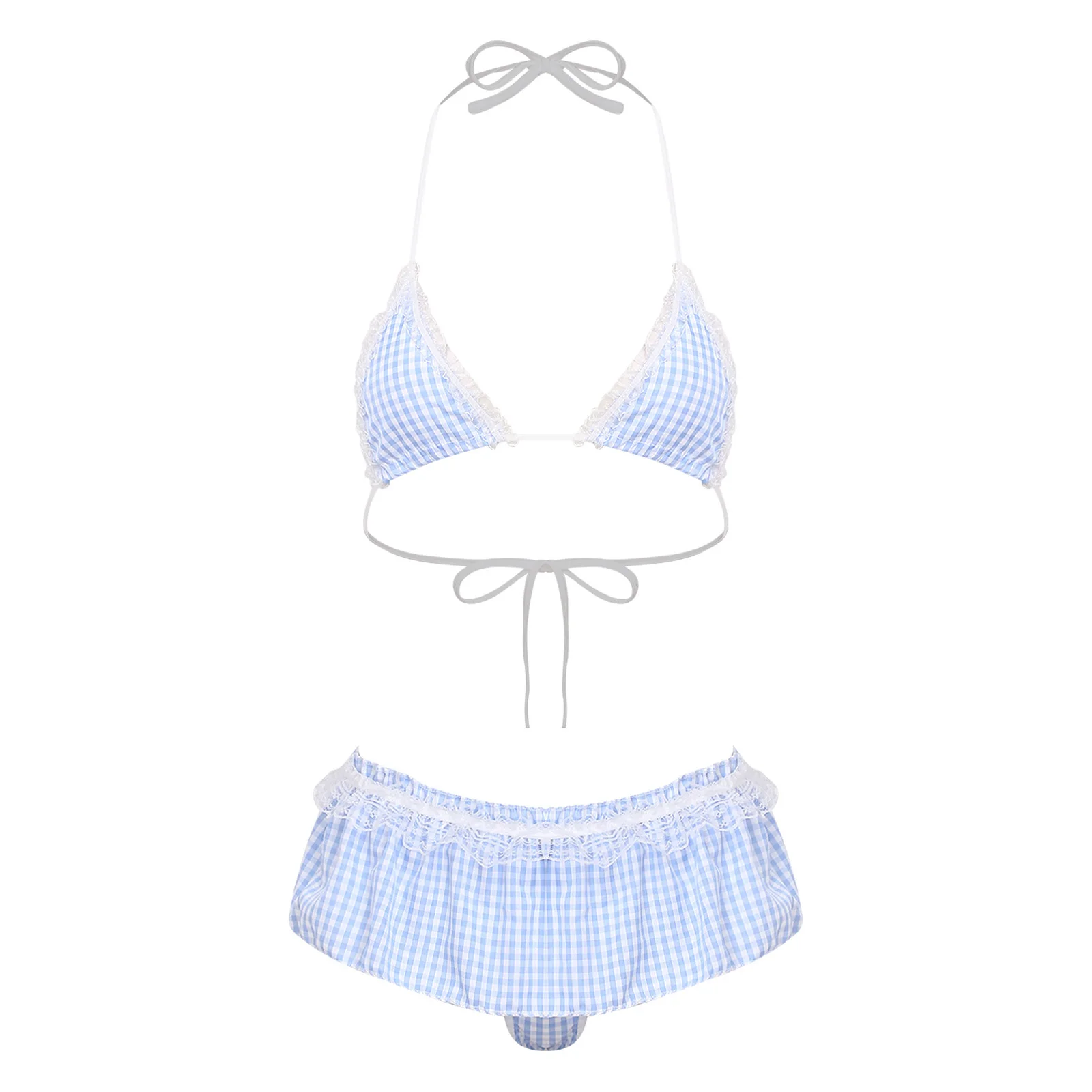 

Halter Mini Bra And T Back Micro Thong Set Women Schoolgirl Maid Uniform Bikini Lace Trim Anime Style Lingerie Suit