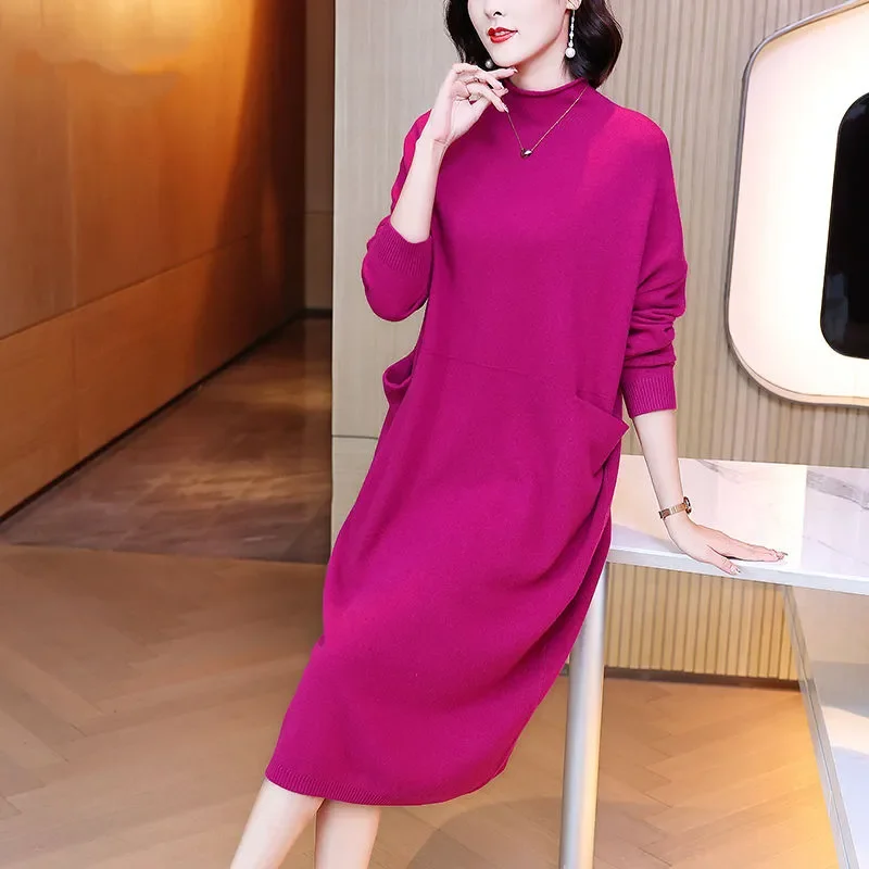 Robe tricotée Rose rouge pour femmes, nouveau Style à la mode, ample et amincissante, robe pull au-dessus du genou, automne et hiver
