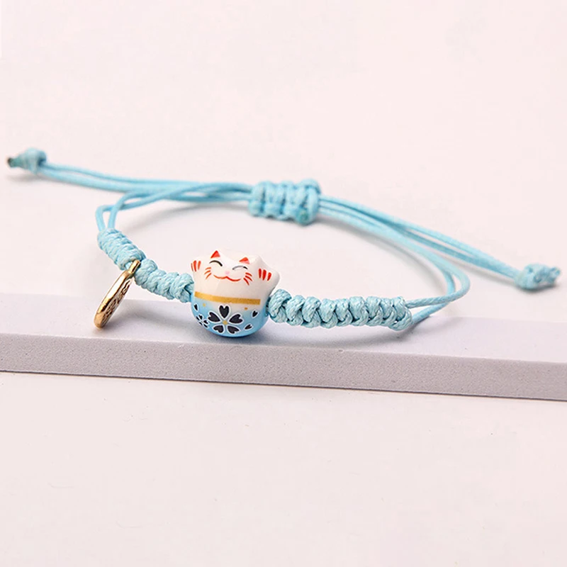 Cat Maneki Neko Bracelet Cute Lucky Cat Ceramic Beads Bracelet Fortune String Charm Bracelets with Bell Adjustable