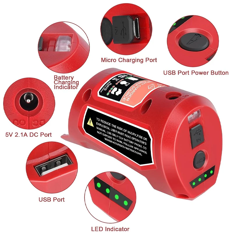 Battery Charger USB Adapter for Milwaukee 12V Lithium Battery,USB Power Source Replacement Adapter Charger for Milwaukee 12V