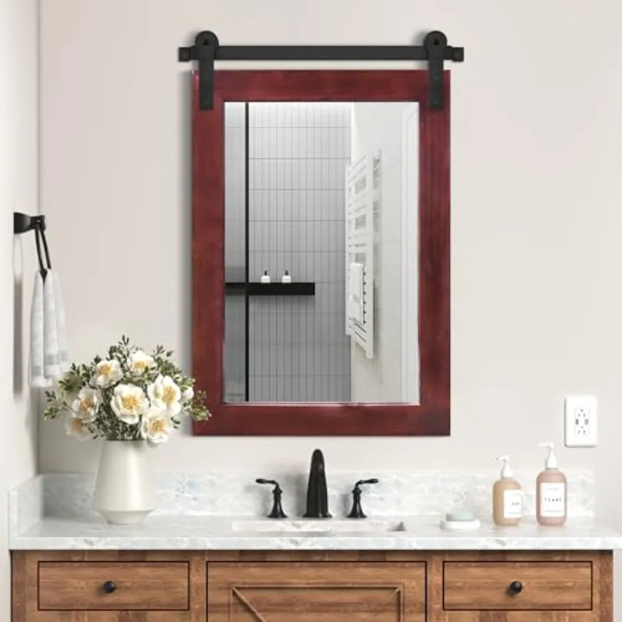 

Farmhouse Barn Door Mirror - 21 x 30 Rustic Wood Framed Wall Mirror for Bathroom, Living Room, Entryway Wall Decor