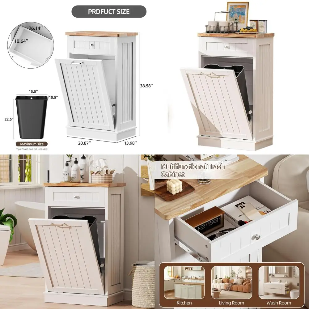 

13 Gallon Wooden Hidden Trash Cabinet for Kitchen and Living Room, White