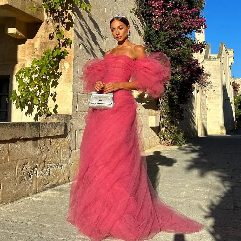 

Romantic Pink Tulle Ruffled Puffy Sleeves Wedding Party Dresses Women Travel Holiday Beach Dress Prom Maxi Dress Formal Gowns