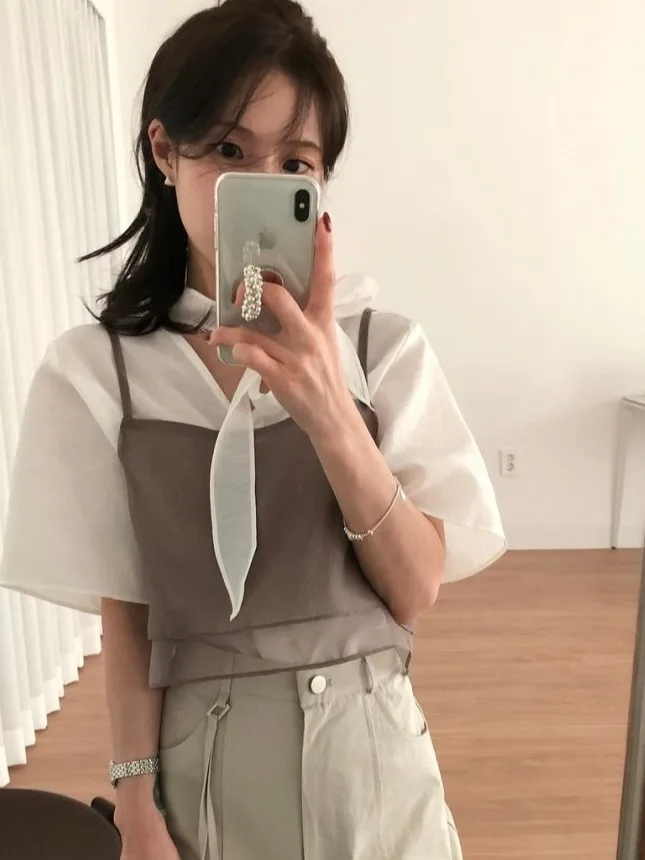 Korean Style Double Layered Mesh Crop Top Women's Fashionable Design Sensation Crossbody Vest Transparent Back Button Versatile