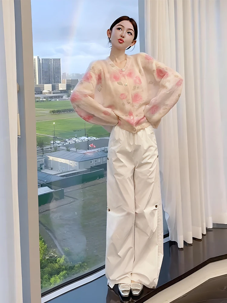 

Романтический розовый вязаный свитер с морским принтом, женский свободный крой, мягкий круглый открытый кардиган, модная осень 2024, повседневная одежда