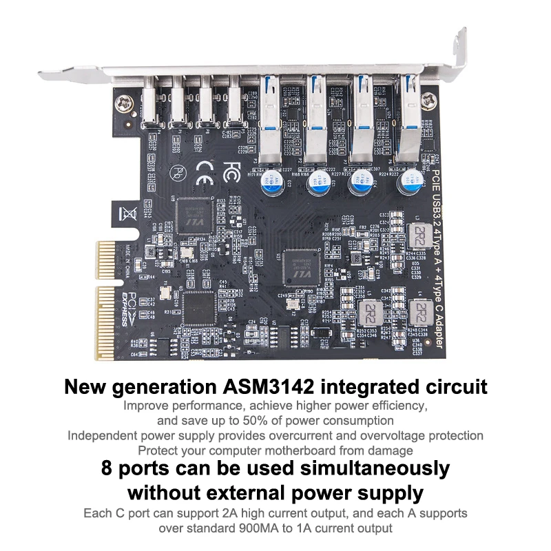 Tarjeta de expansión USB3.2 Gen2 de 10Gbps PCI-E a 4 puertos tipo C + adaptador tipo A de 8 puertos multiplicador de concentrador USB para PC de escritorio