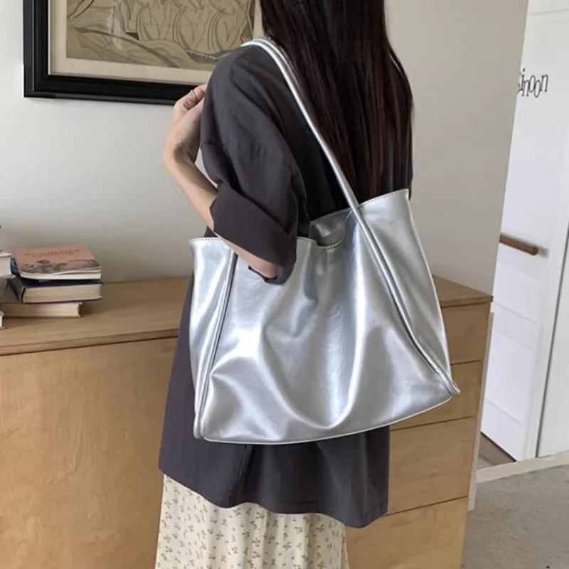 Xiuya Zilveren Mode Dames Draagtas Lederen Zomer Effen Kleur Casual Vintage Schoudertas Prachtige Harajuku Vrouwelijke Handtas