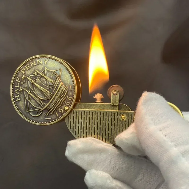 Retro Coin Kerosene Torch Lighter with Keychain Mini Portable Flint Griding Wheel Cigarette Lighters Smoking Accessories - Image 2