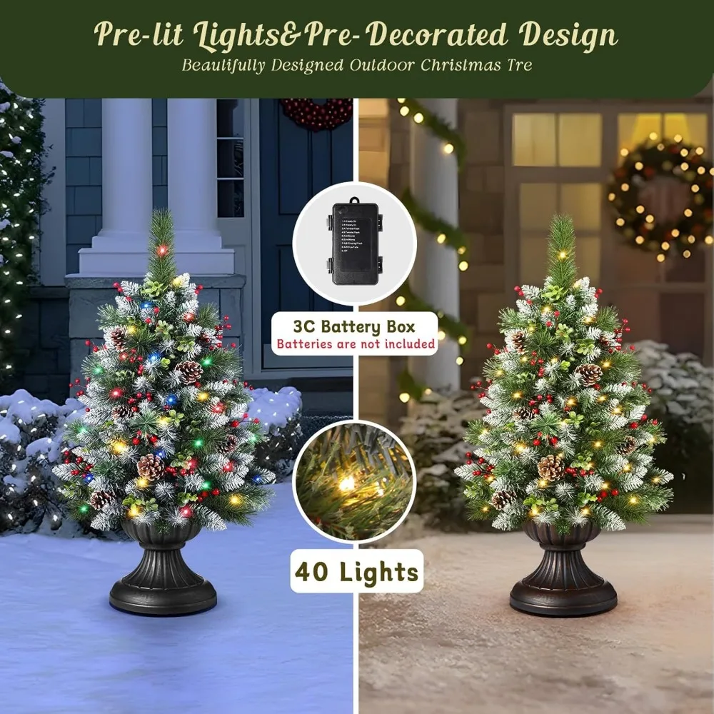 Battery-Powered Multi-Color Pre-lit Outdoor Christmas Trees, 24.5 Inch Frosted, Remote and Timer Included, Ideal for Holiday Dec