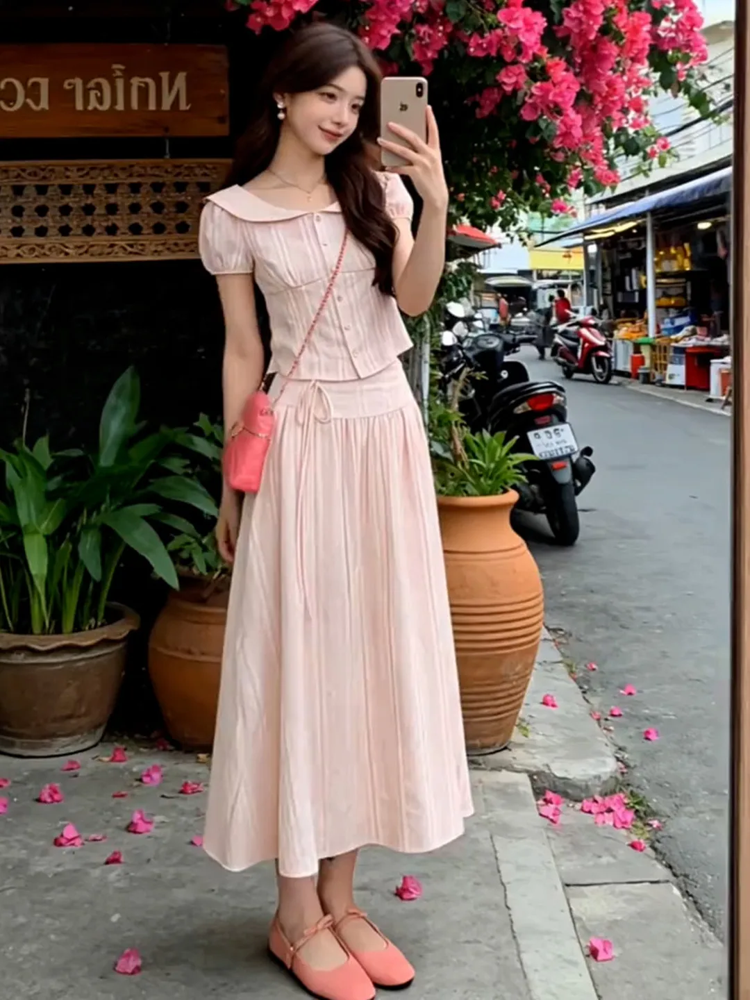 

Girls Doll Collar Bubble Sleeve Dress Set Long Skirt Gentle Summer Fashionable Cleanfit Polyester Fiber High Waist Casual Wear