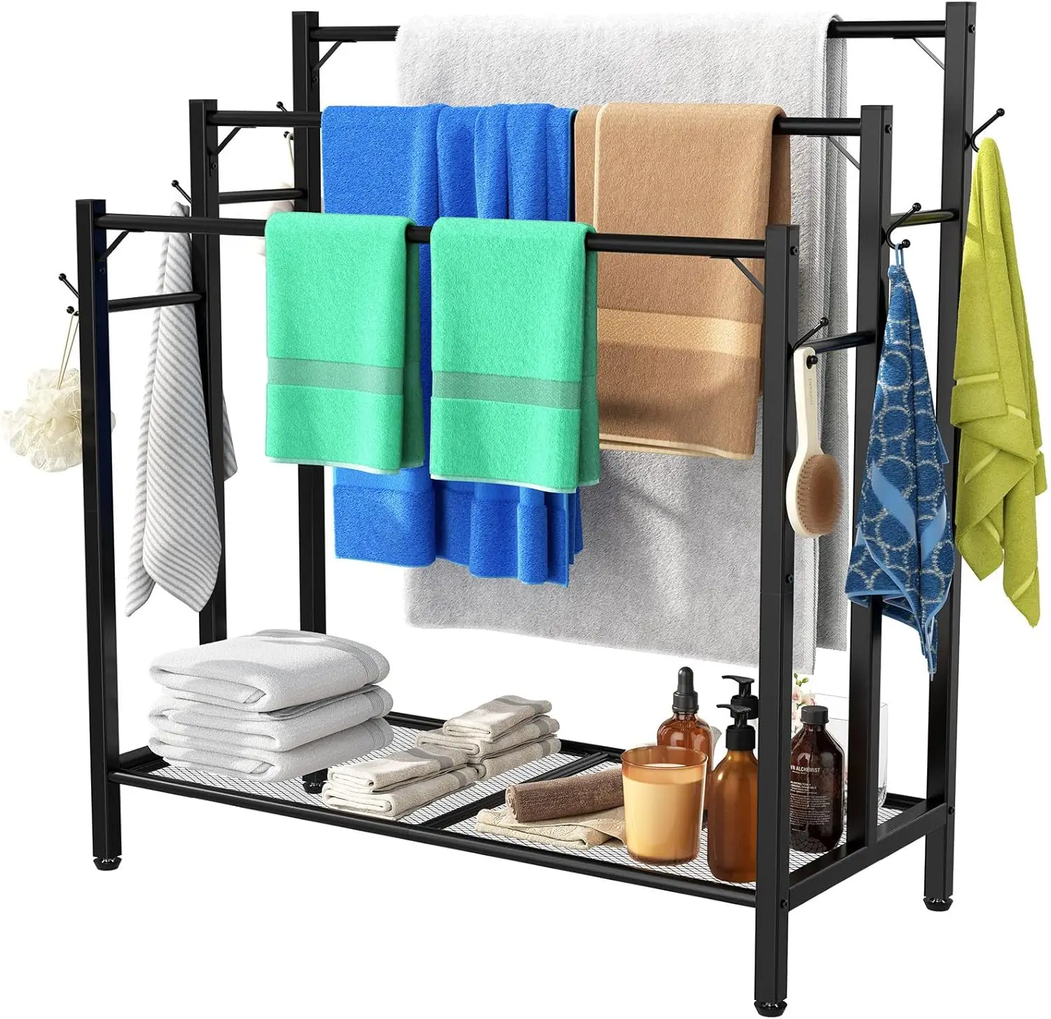 

3 Tier Towel Rack with Large Storage & 6 Hooks, Freestanding Blanket Rack for Oversized Bath Towels, for Bathroom Pool Indoor