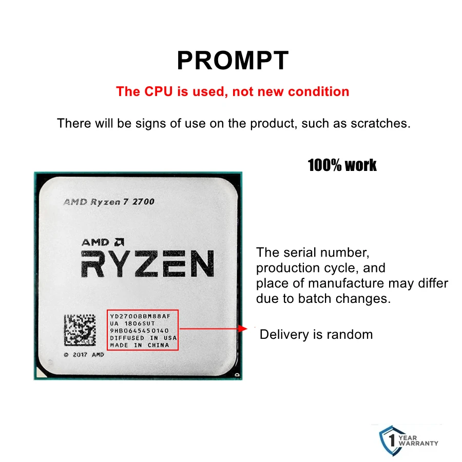 AMD Ryzen 7 2700 R7 2700 3.2GHz Eight-Core Sixteen-Thread CPU L3=16M 65W Socket AM4 Desktop Processor