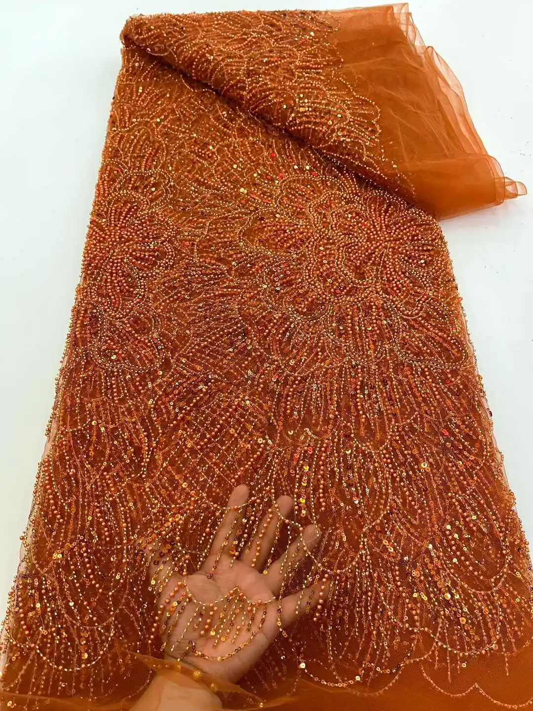 

African Beaded Lace Fabric 2025 Latest Sequins Fabric High Quality Tulle Sequined Lace Fabric for Nigerian Wedding Dresses Wome