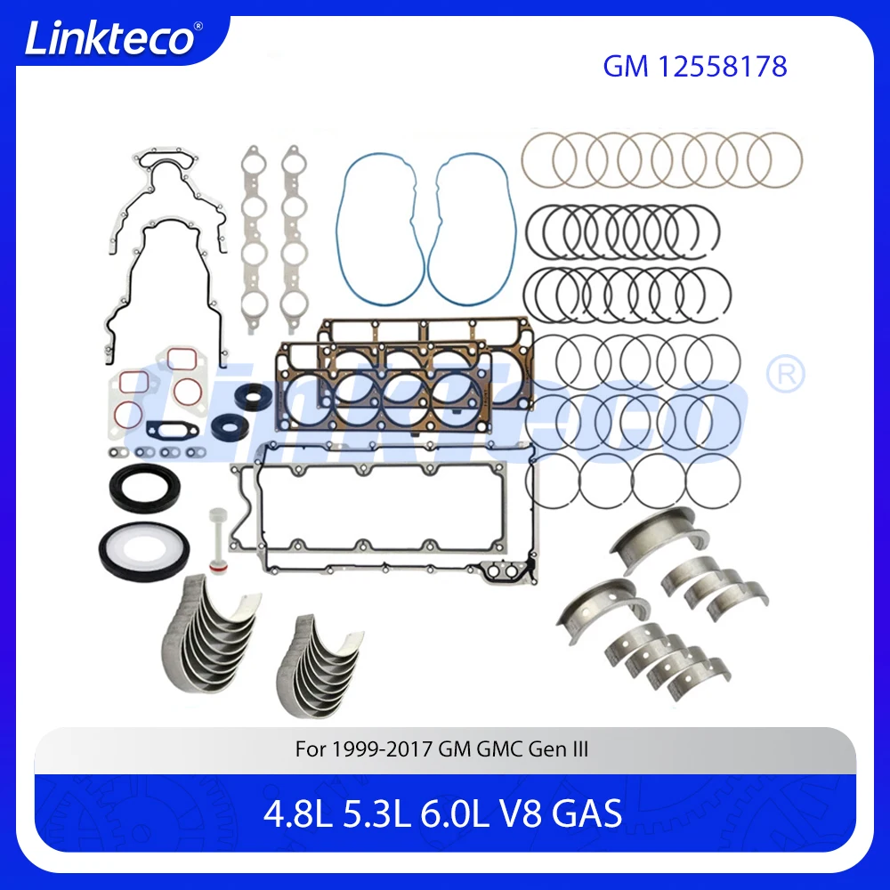 Engine Rebuild Kit Full Gasket Piston Rings Mian ConRod Bearing Set Fit 4.8 5.3 6.0 L V8 GAS For 99-17 GM Gen IIl 4.8L 5.3L 6.0L