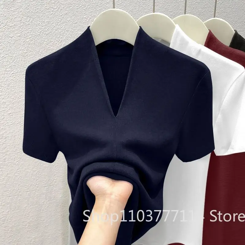 Neues Sommer Sexy V-Ausschnitt Slim T-Shirt für Damen aus Baumwolle, Elastisch, Einfarbig, Lässiges Oberteil mit Kurzen Ärmeln, Atmungsaktiv und Dünn – Detail 11