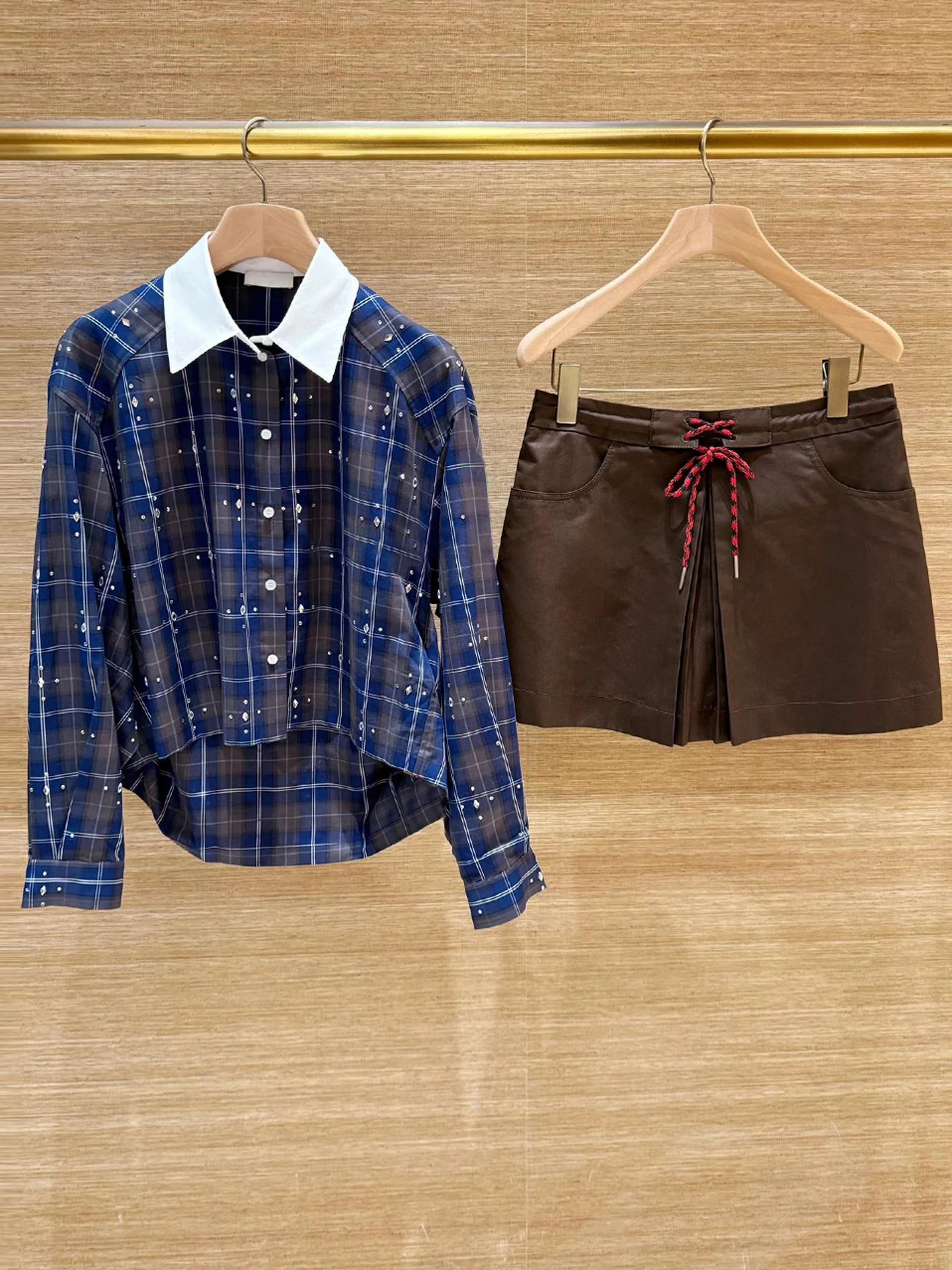 S 홈 난 유 하이엔드 여성 패션 세트 가을 다이아몬드 장식 체크무늬 탑 스커트 팬츠 세트 25-35세