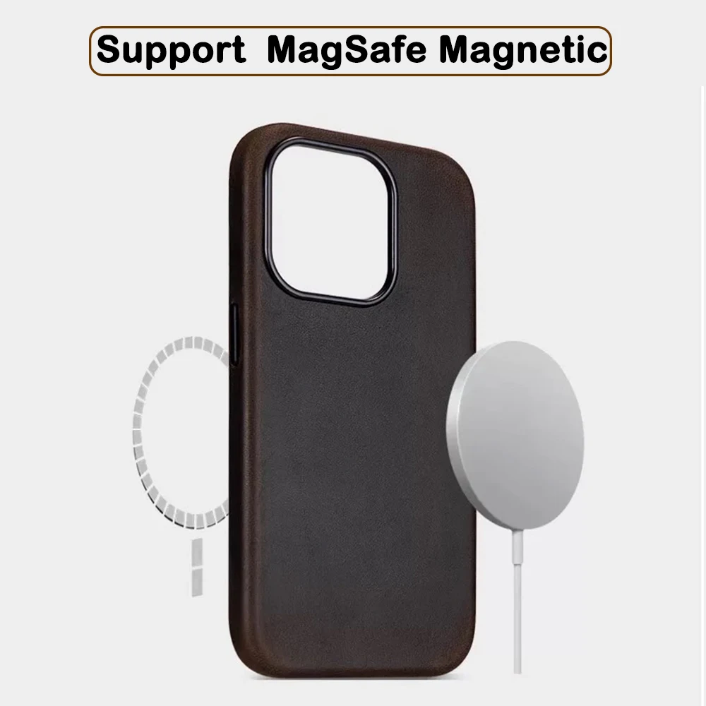 Włoskie etui z prawdziwej skóry Crazy Horse do iPhone 16 15 17 18 Pro Max, magnetyczne etui z naturalnej skóry z funkcją MagSafe. — zdjęcie produktu 4
