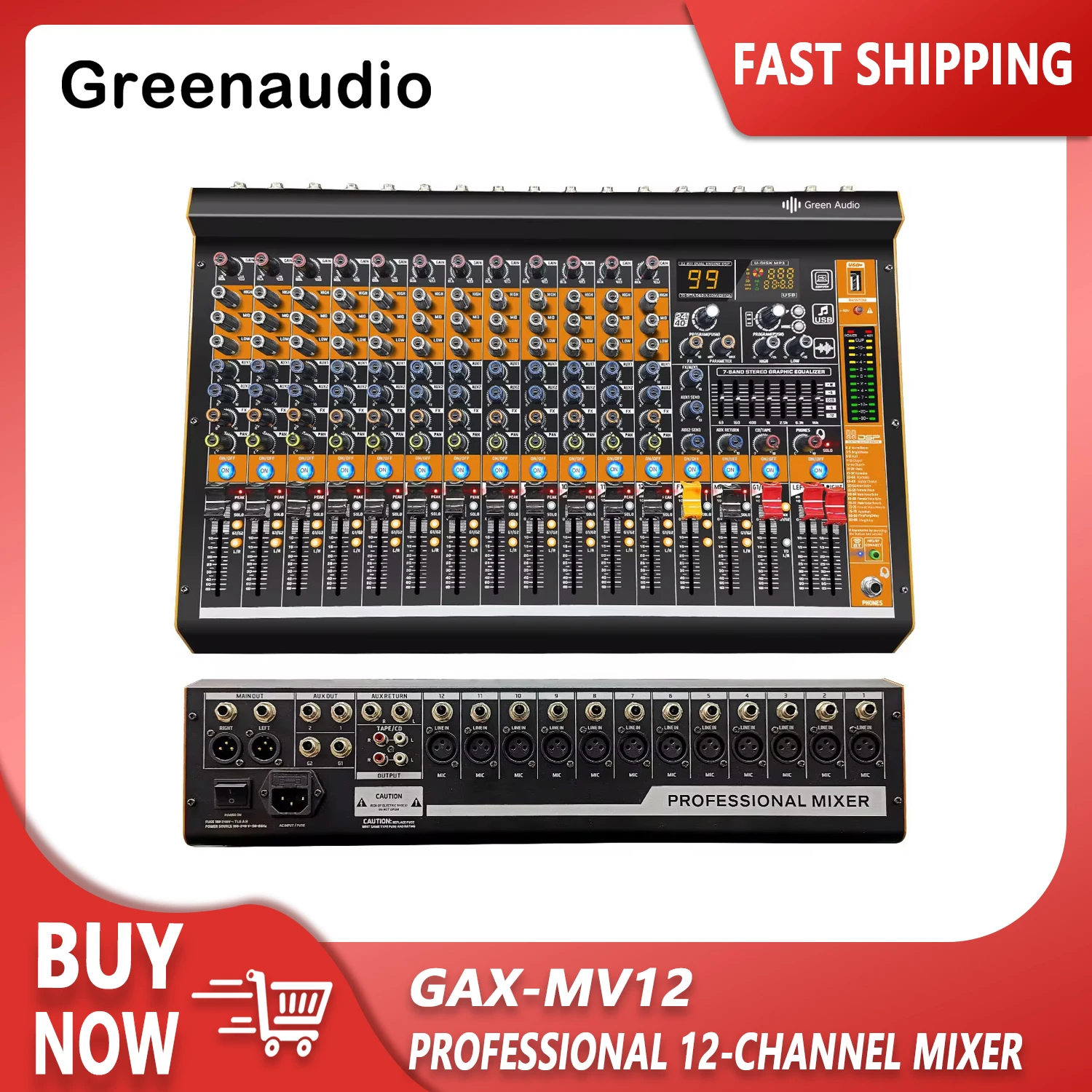 GAX-MV12 Professional audio mixer 12 channel with reverberation effect conference stage performance mixer bar audio DJ