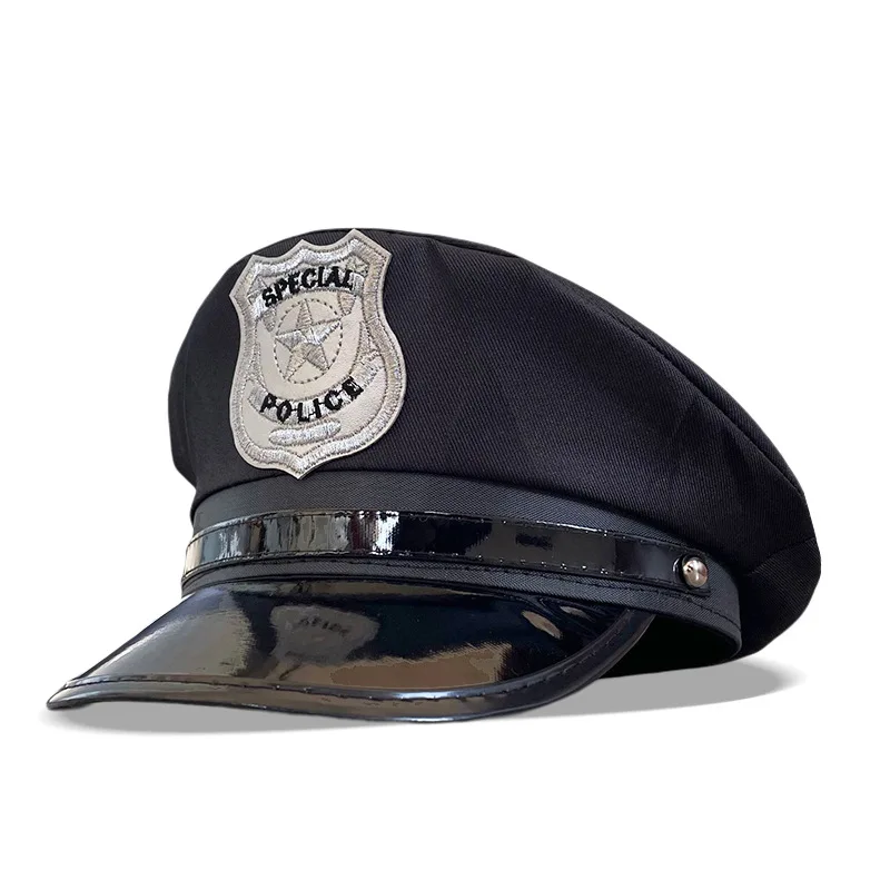 Sombrero militar con visera del ejército, gorra de policía de tapa plana, ala de cuero negro, cuero bordado, juego de rol, tapa plana 8M256