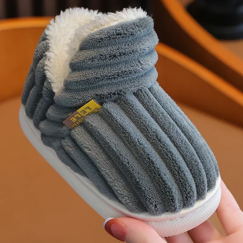 Neue Winter-Streifen-Plüsch-Hausschuhe für Kinder, rutschfeste, weiche Sohle, für Jungen und Mädchen, mit Absatzumwicklung, warme Baumwoll-Hausschuhe für zu Hause – Detail 6