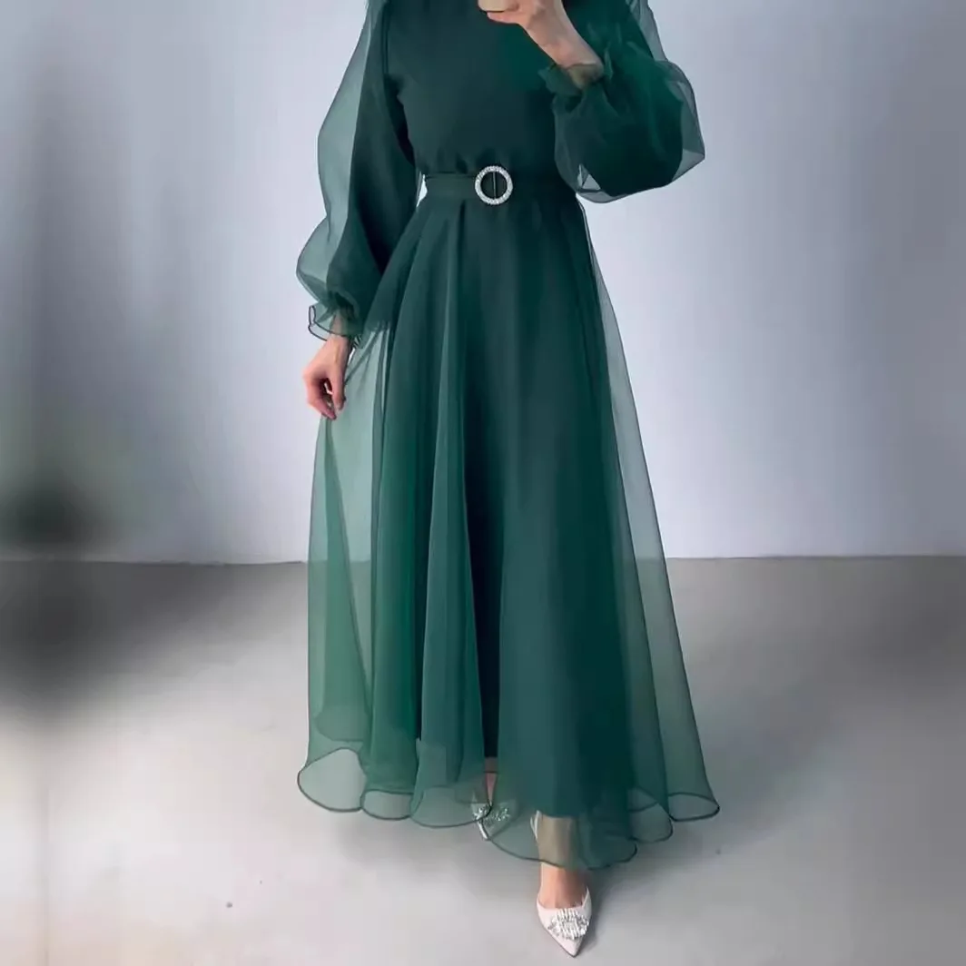 Dress Long Dresses Women Lantern Sleeve Mock Neck Elegant Muslim Party Prom Casual Regular A Line Vestidos Tight Waist Belt