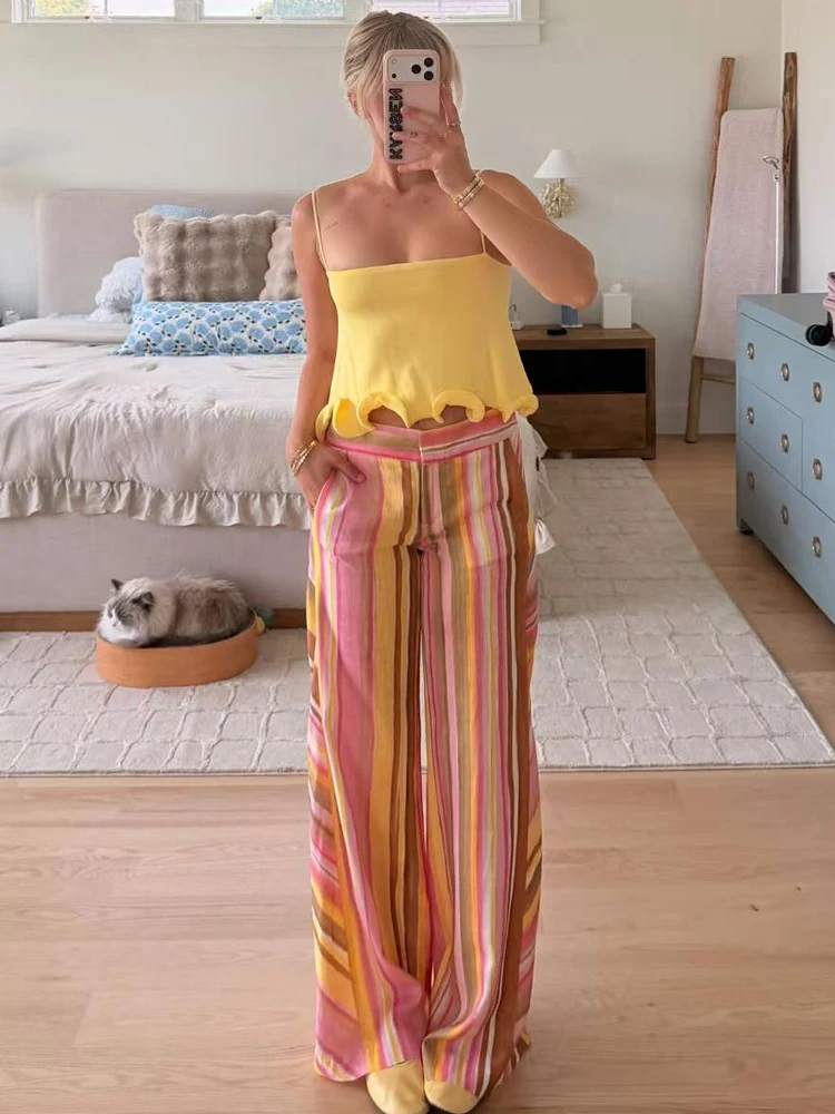 

Women's Striped Pants Female Linen Wide Leg Trousers Casual Women's Palazzo Pants Summer Women's Straight Leg Pants Streetwear