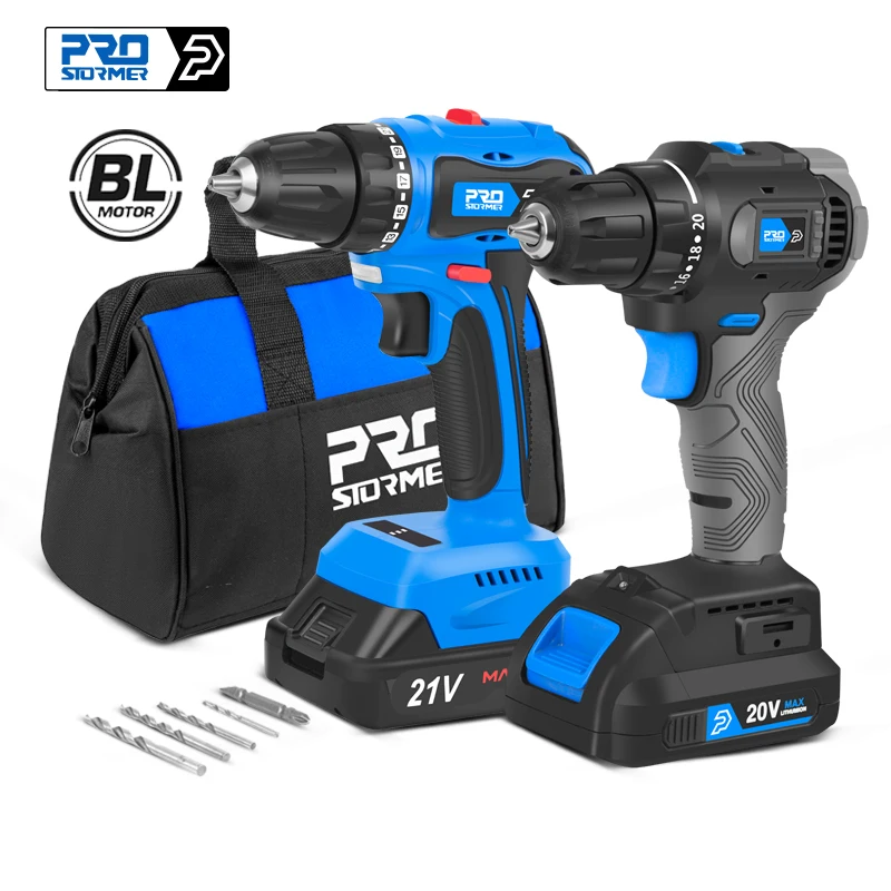 20V/21V Brushless Drill 40NM/45NM Mini Electric Screwdriver Cordless Drill 2.0 Ah Battery DIY Woodworking Power Tools PROSTORMER