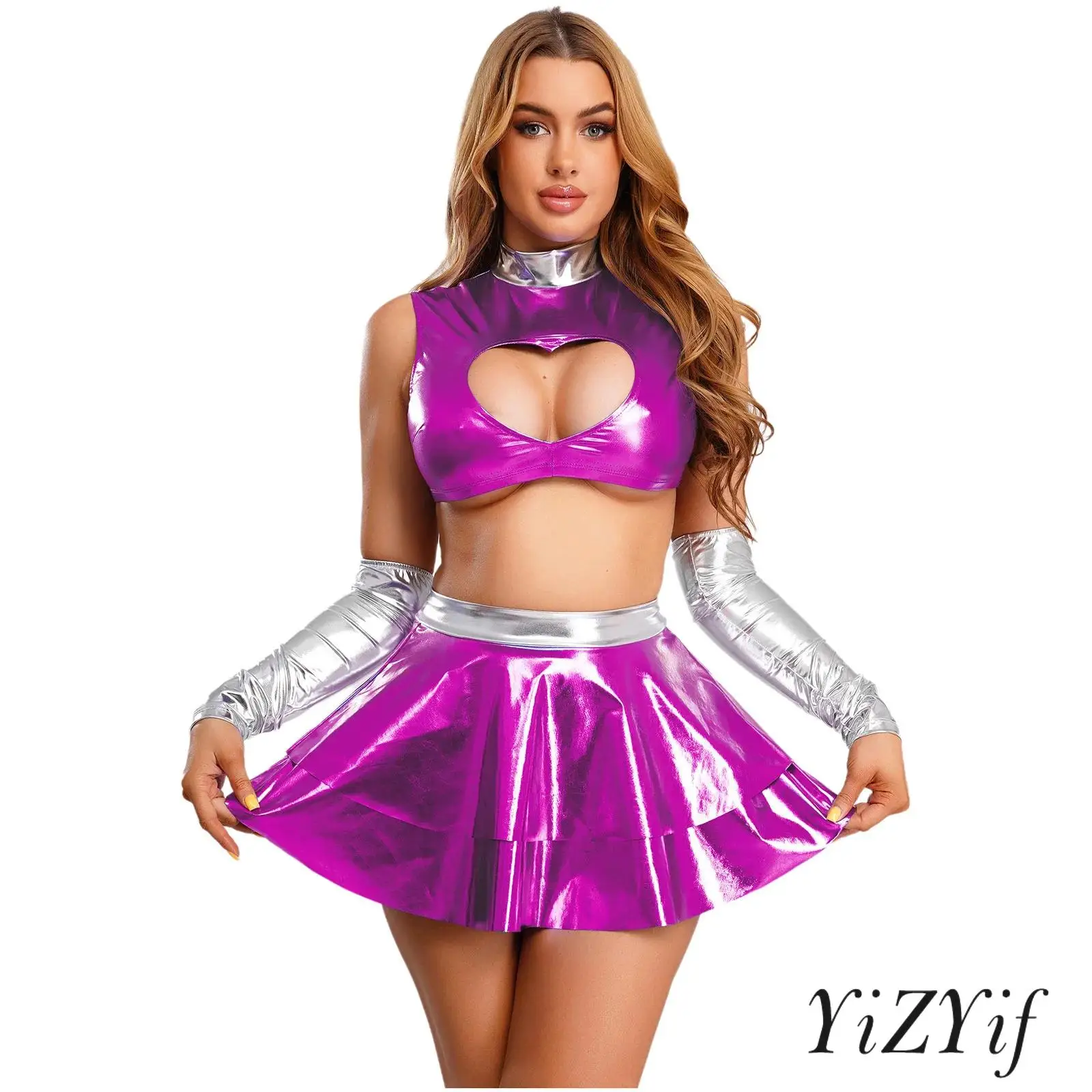 

Womens Hero Cosplay Outfit Heart-shaped Hollow Crop Tank Top with Detachable Sleeves+Tiered Ruffled Miniskirt Princess Costume