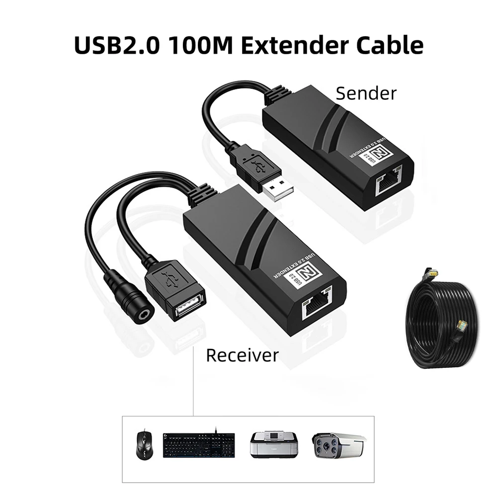 

USB Extender Over Cat5 Cat5E Cat6 Cat7 Ethernet Cable Transfer Up to 100M RJ45 Receiver with DC5V/2A Power Adaptor Plug and Play